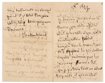 CHATEAUBRIAND, FRANÇOIS RENÉ DE. Small archive of 6 letters Signed, Chateaubriand, and an unsigned note, to the Baron de Vitrolles or